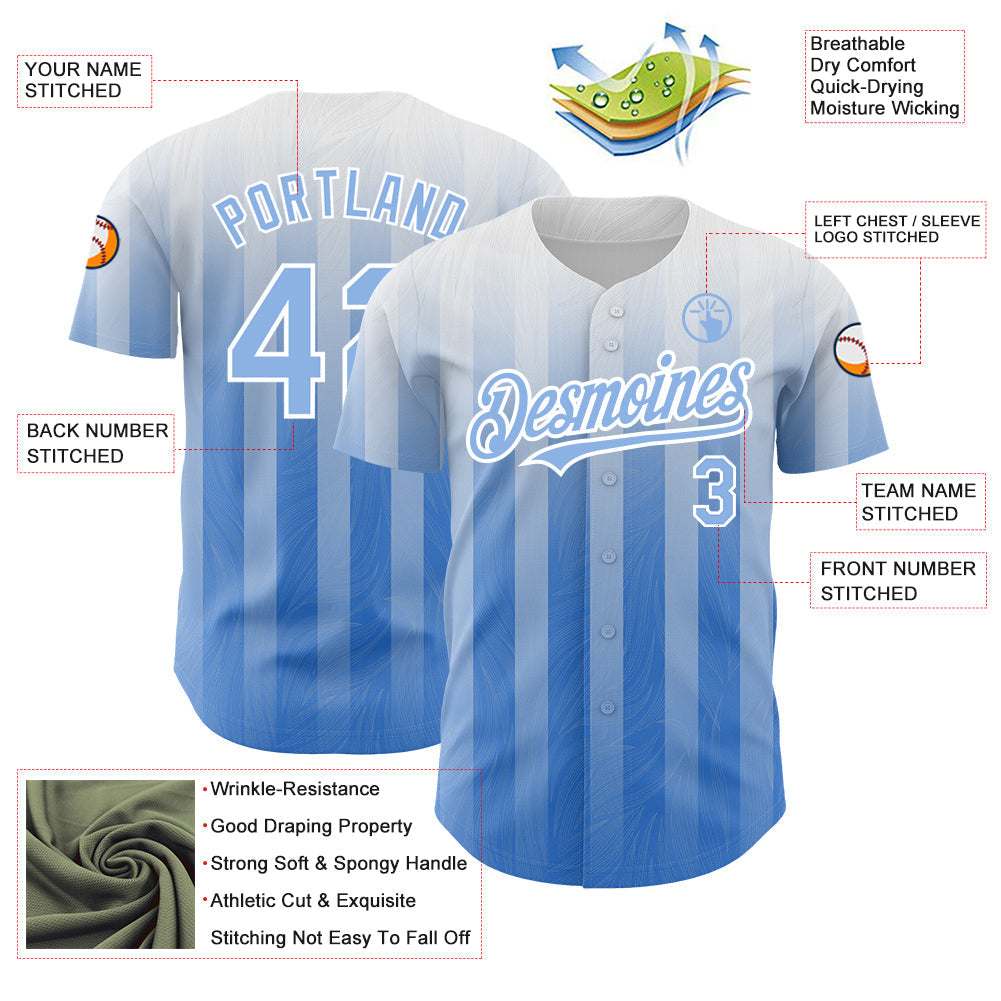 Custom White Light Blue 3D Pattern Design Stripes Authentic Baseball Jersey baseball jersey product view 3