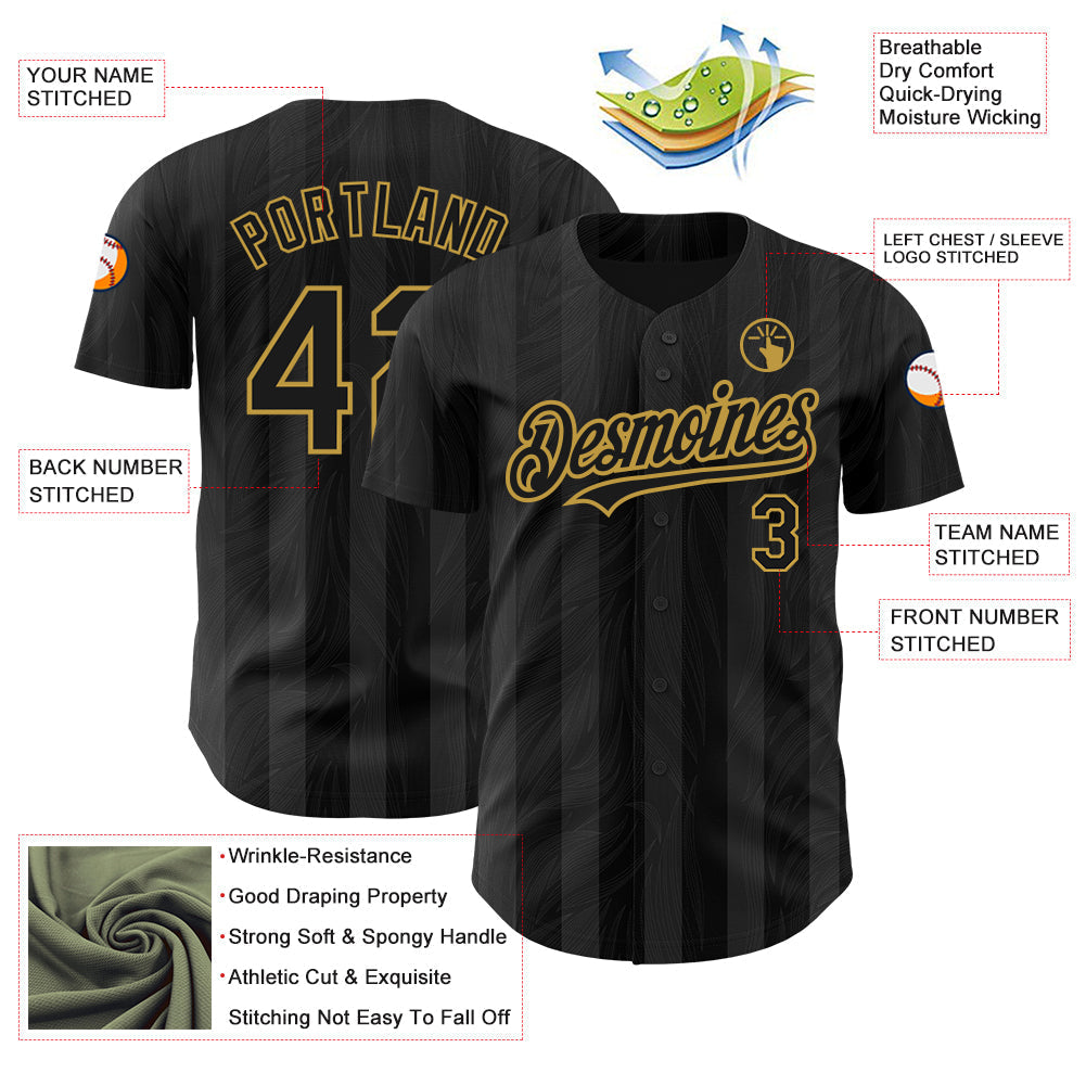 Custom Black Old Gold 3D Pattern Design Stripes Authentic Baseball Jersey baseball jersey product view 3