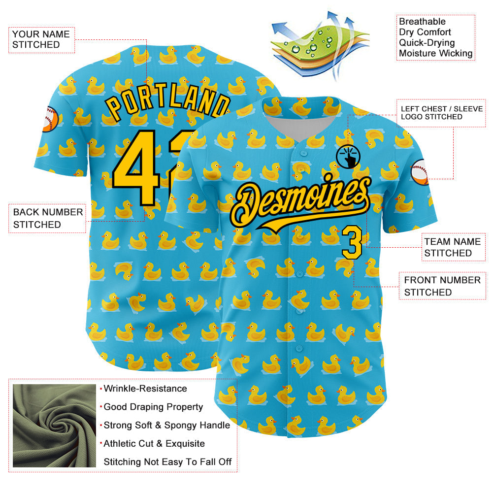 Custom Sky Blue Yellow-Black 3D Pattern Design Duck Authentic Baseball Jersey baseball jersey product view 3