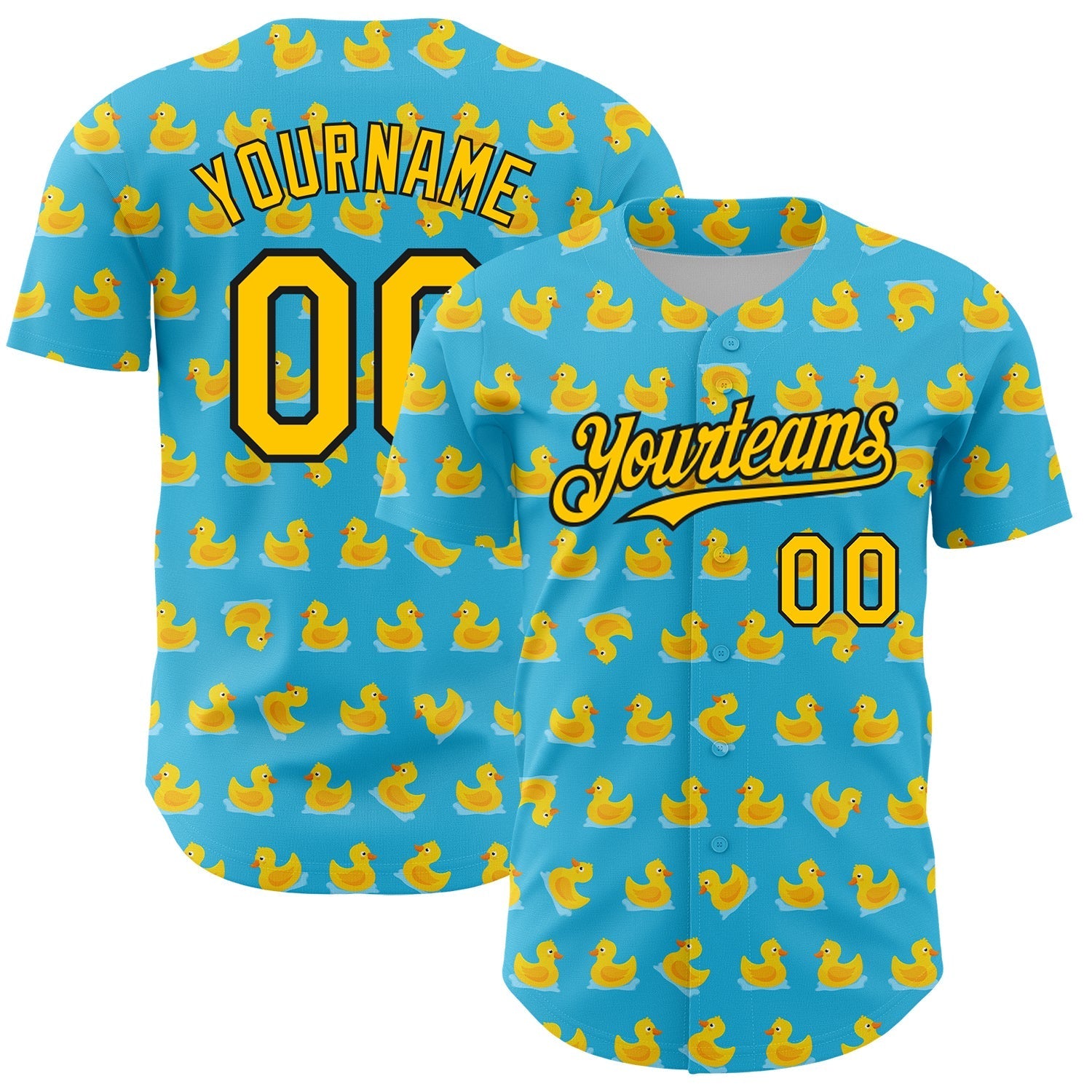 Custom Sky Blue Yellow-Black 3D Pattern Design Duck Authentic Baseball Jersey baseball jersey product view 1