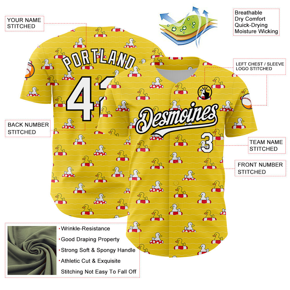 Custom Yellow White-Black 3D Pattern Design Duck Authentic Baseball Jersey baseball jersey product view 3