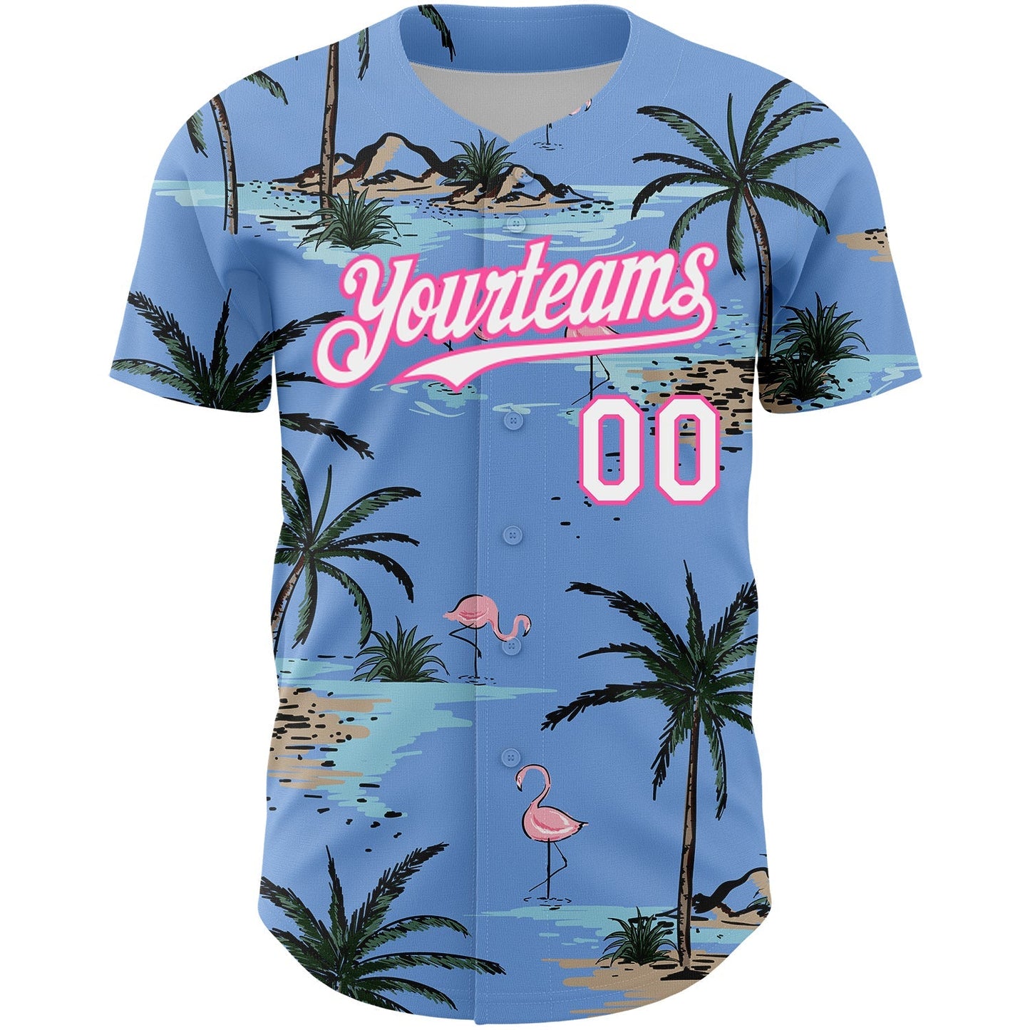 Custom Light Blue White-Pink 3D Pattern Design Tropical Hawaii Palm Trees Authentic Baseball Jersey baseball jersey product view 2