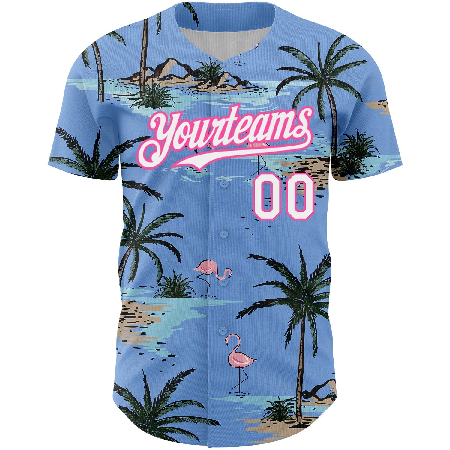 Custom Light Blue White-Pink 3D Pattern Design Tropical Hawaii Palm Trees Authentic Baseball Jersey baseball jersey product view 2
