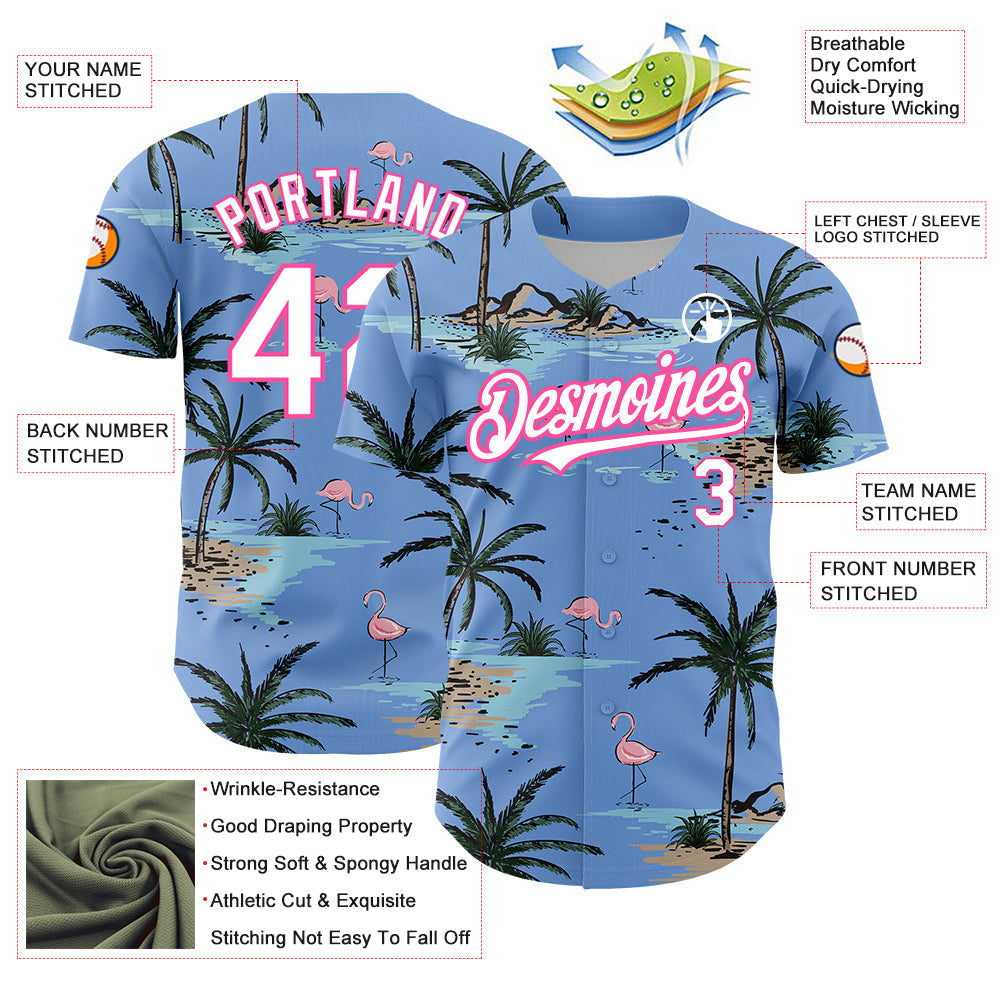 Custom Light Blue White-Pink 3D Pattern Design Tropical Hawaii Palm Trees Authentic Baseball Jersey baseball jersey product view 3
