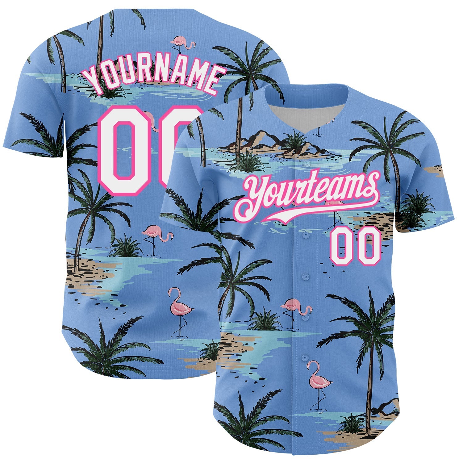 Custom Light Blue White-Pink 3D Pattern Design Tropical Hawaii Palm Trees Authentic Baseball Jersey baseball jersey product view 1