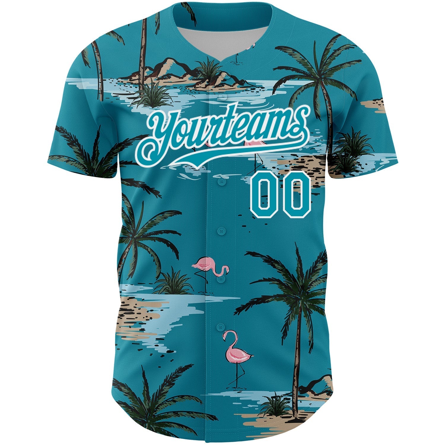 Custom Teal White 3D Pattern Design Tropical Hawaii Palm Trees Authentic Baseball Jersey baseball jersey product view 2