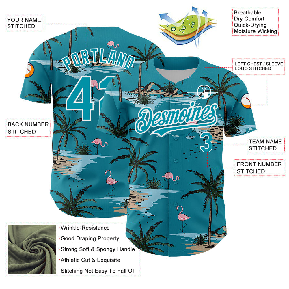 Custom Teal White 3D Pattern Design Tropical Hawaii Palm Trees Authentic Baseball Jersey baseball jersey product view 3