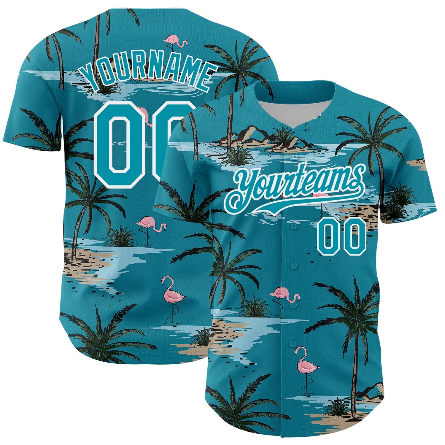 Custom Teal White 3D Pattern Design Tropical Hawaii Palm Trees Authentic Baseball Jersey baseball jersey product view 1