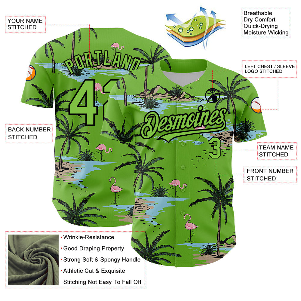 Custom Neon Green Black 3D Pattern Design Tropical Hawaii Palm Trees Authentic Baseball Jersey baseball jersey product view 3