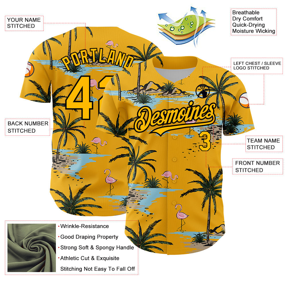 Custom Yellow Black 3D Pattern Design Tropical Hawaii Palm Trees Authentic Baseball Jersey baseball jersey product view 3