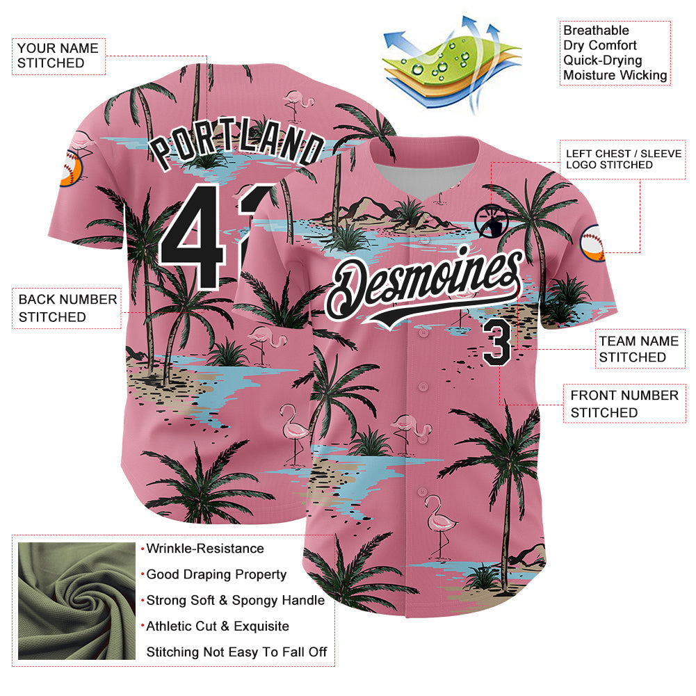 Custom Medium Pink Black-White 3D Pattern Design Tropical Hawaii Palm Trees Authentic Baseball Jersey baseball jersey product view 3