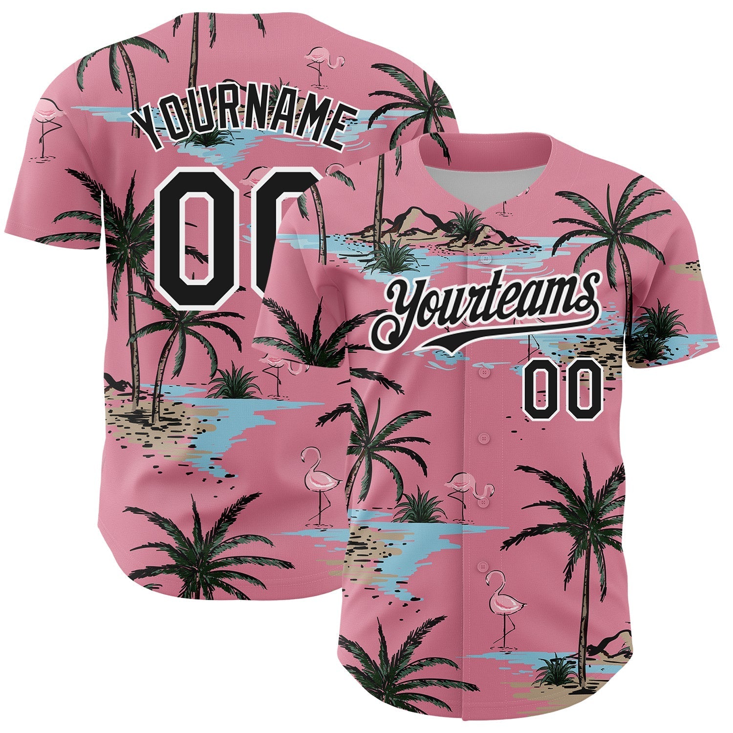 Custom Medium Pink Black-White 3D Pattern Design Tropical Hawaii Palm Trees Authentic Baseball Jersey baseball jersey product view 1