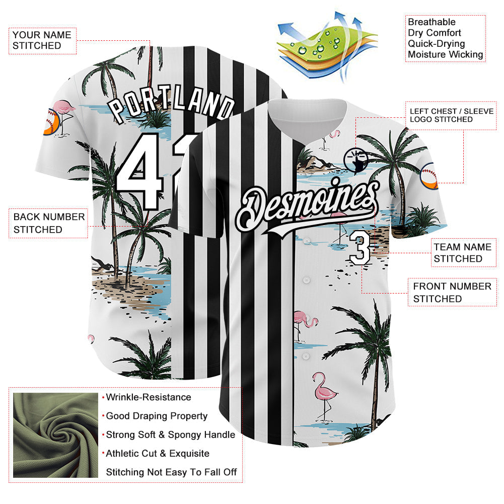 Custom White Black 3D Pattern Design Tropical Hawaii Palm Trees Authentic Baseball Jersey baseball jersey product view 3