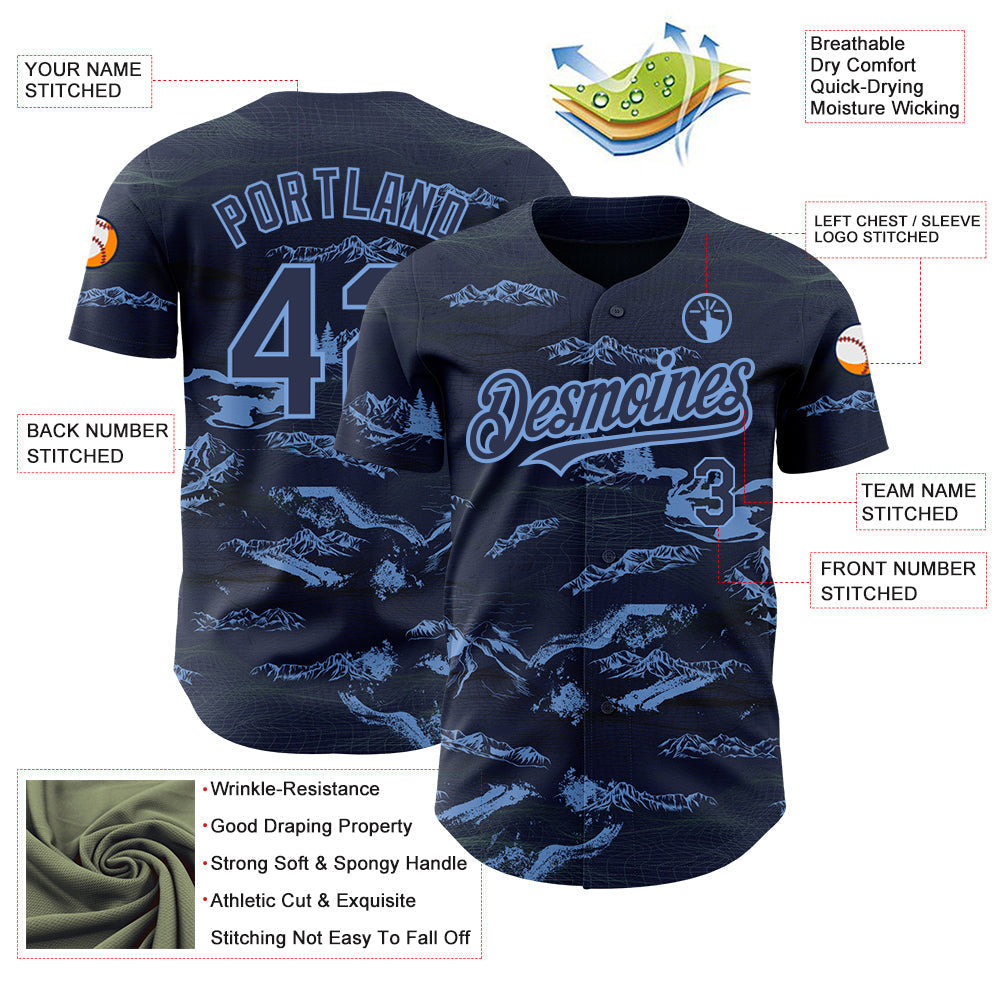 Custom Navy Light Blue 3D Pattern Design Mountain Authentic Baseball Jersey baseball jersey product view 3