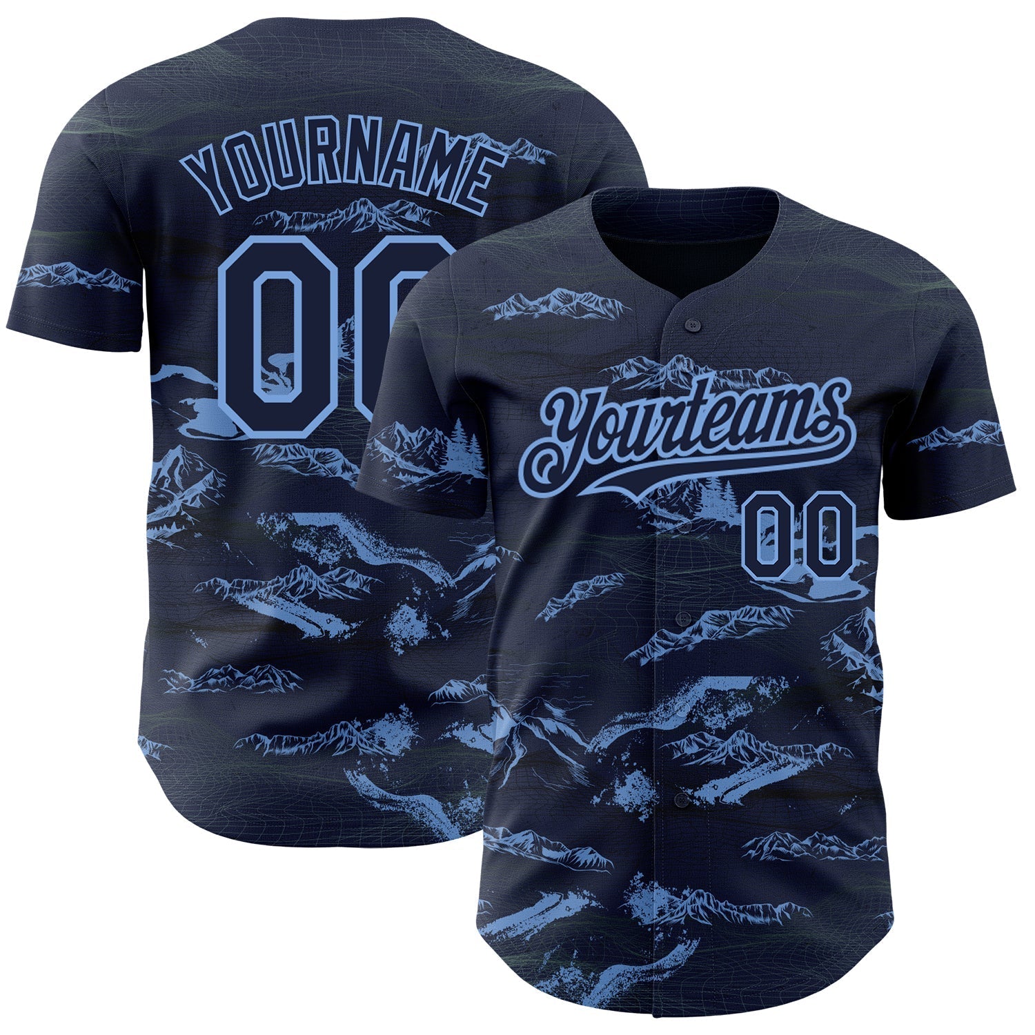 Custom Navy Light Blue 3D Pattern Design Mountain Authentic Baseball Jersey baseball jersey product view 1