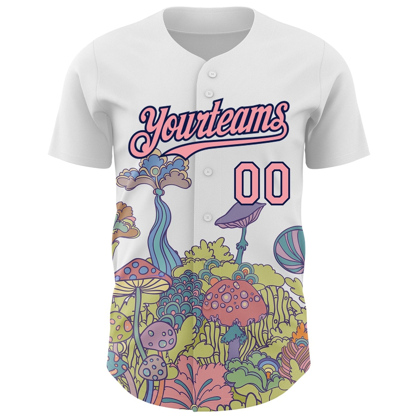 Custom White Medium Pink-Navy 3D Pattern Design Colorful Flowers And Mushrooms Psychedelic Hallucination Authentic Baseball Jersey baseball jersey product view 2
