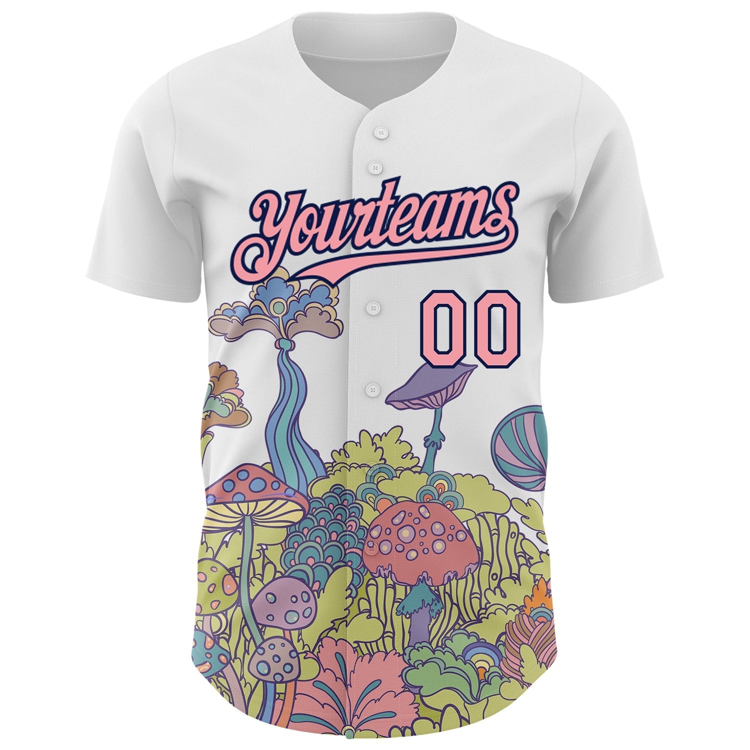 Custom White Medium Pink-Navy 3D Pattern Design Colorful Flowers And Mushrooms Psychedelic Hallucination Authentic Baseball Jersey baseball jersey product view 2