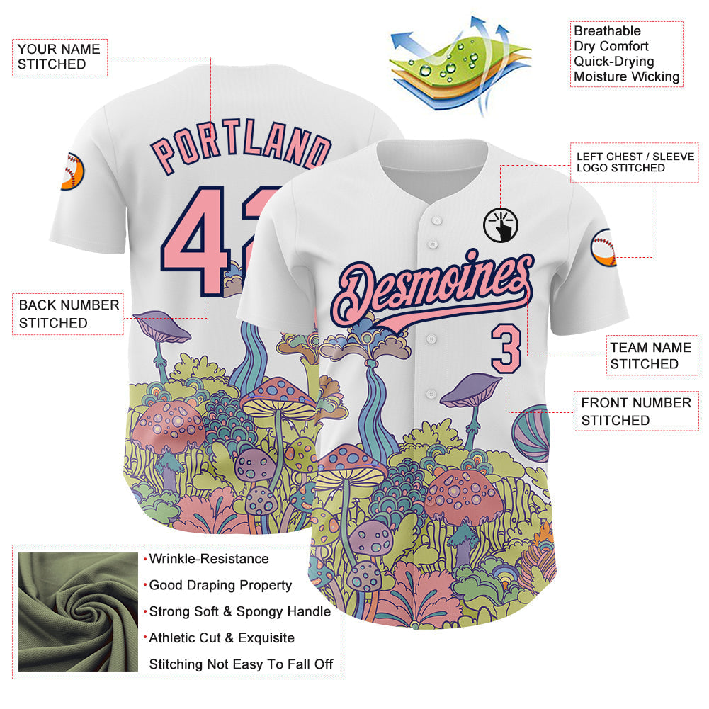 Custom White Medium Pink-Navy 3D Pattern Design Colorful Flowers And Mushrooms Psychedelic Hallucination Authentic Baseball Jersey baseball jersey product view 3