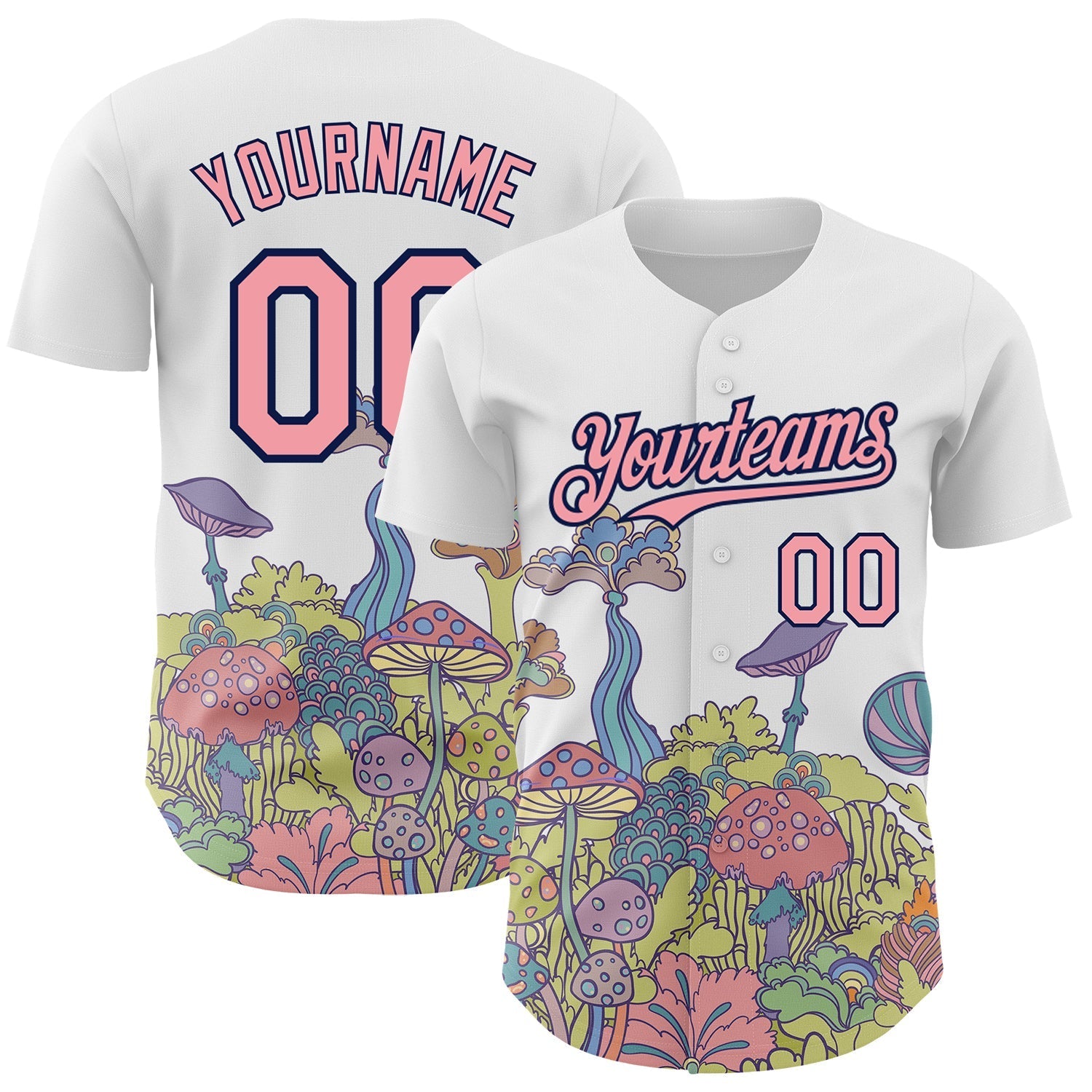 Custom White Medium Pink-Navy 3D Pattern Design Colorful Flowers And Mushrooms Psychedelic Hallucination Authentic Baseball Jersey baseball jersey product view 1