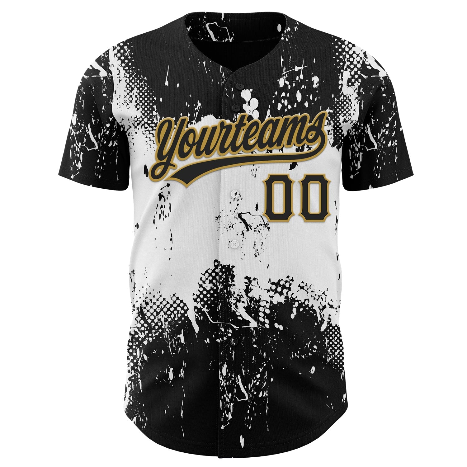 Custom Black White-Old Gold 3D Pattern Design Abstract Splatter Grunge Art Authentic Baseball Jersey baseball jersey product view 2
