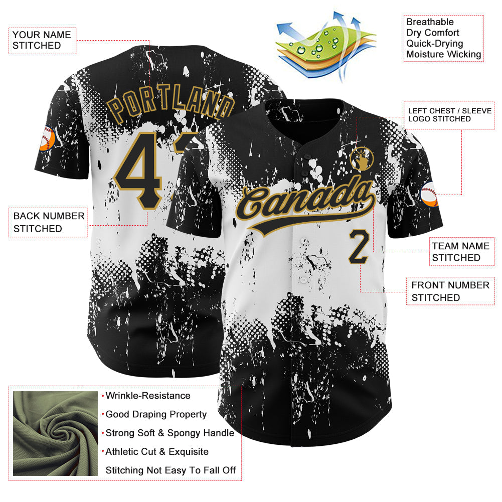 Custom Black White-Old Gold 3D Pattern Design Abstract Splatter Grunge Art Authentic Baseball Jersey baseball jersey product view 3