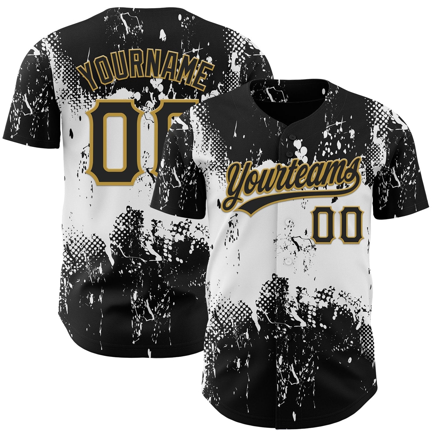 Custom Black White-Old Gold 3D Pattern Design Abstract Splatter Grunge Art Authentic Baseball Jersey baseball jersey product view 1