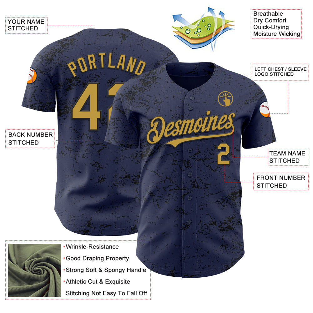 Custom Navy Old Gold-Black 3D Pattern Design Abstract Splatter Texture Authentic Baseball Jersey baseball jersey product view 3