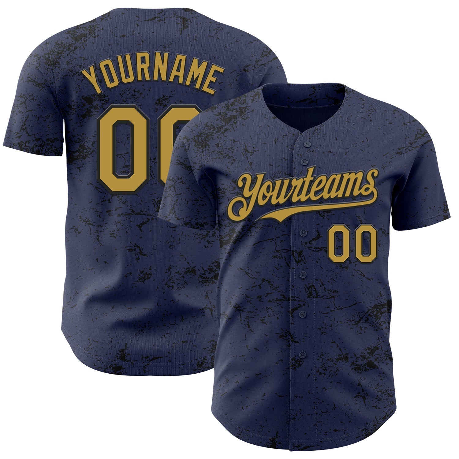 Custom Navy Old Gold-Black 3D Pattern Design Abstract Splatter Texture Authentic Baseball Jersey baseball jersey product view 1