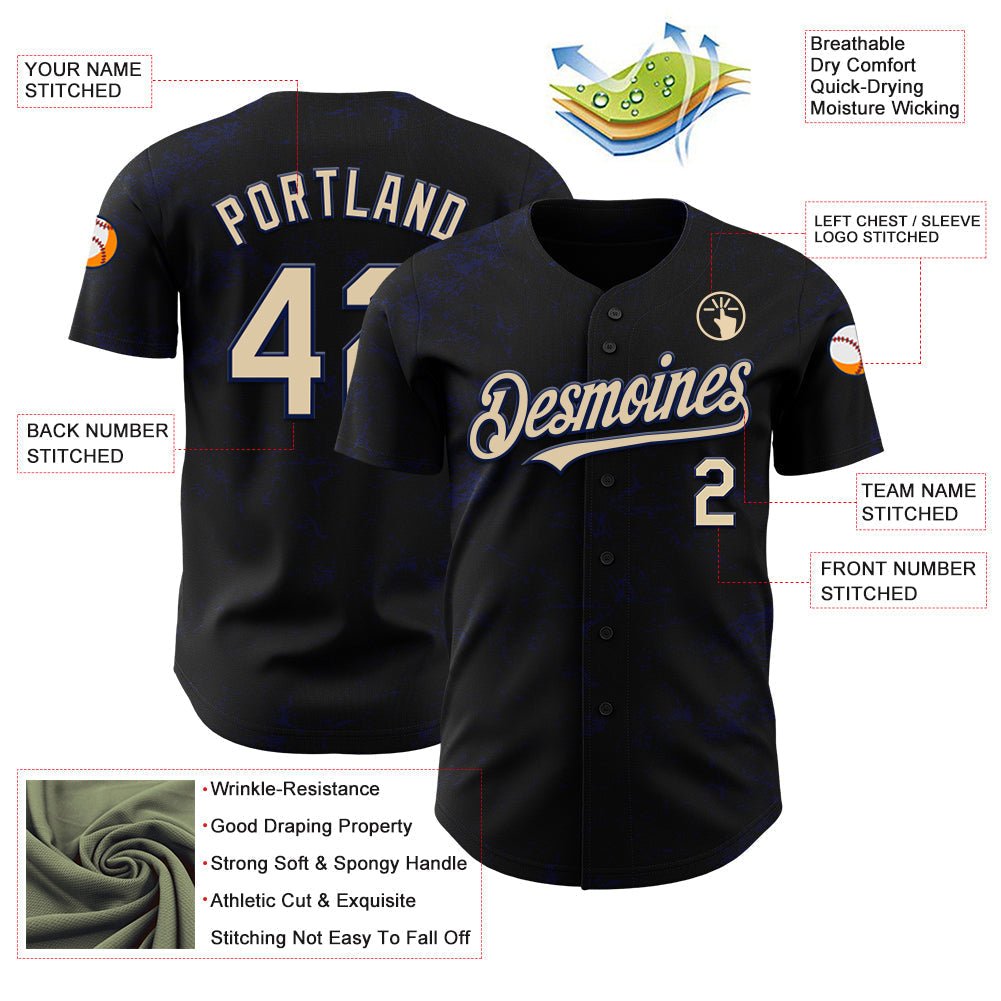 Custom Black City Cream-Navy 3D Pattern Design Abstract Splatter Texture Authentic Baseball Jersey baseball jersey product view 3
