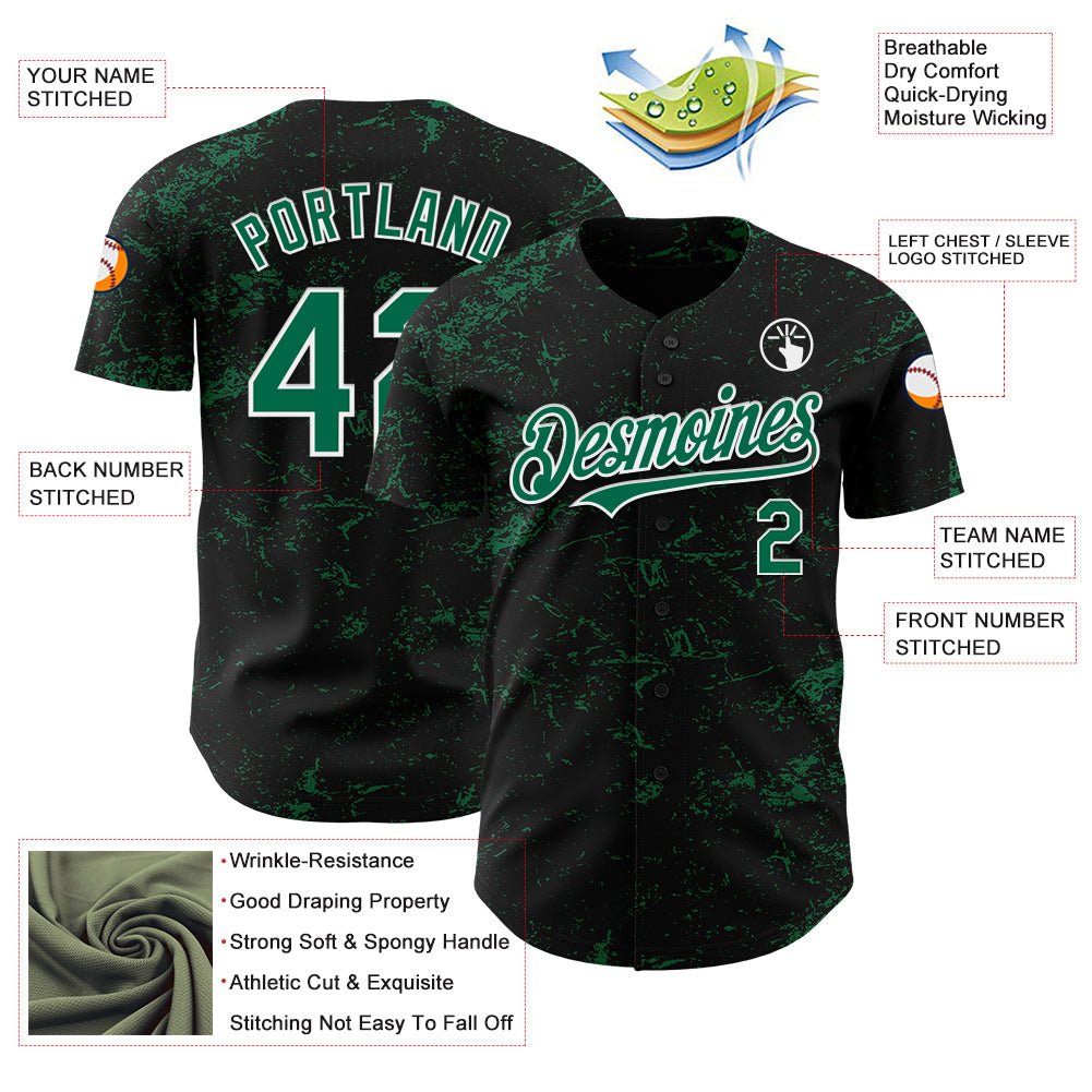 Custom Black Kelly Green-White 3D Pattern Design Abstract Splatter Texture Authentic Baseball Jersey baseball jersey product view 3