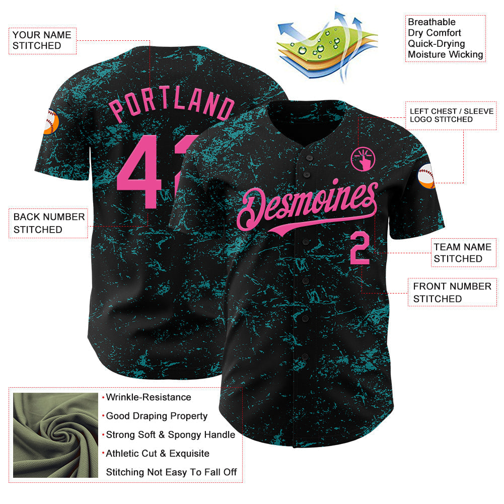 Custom Black Pink-Teal 3D Pattern Design Abstract Splatter Texture Authentic Baseball Jersey baseball jersey product view 3