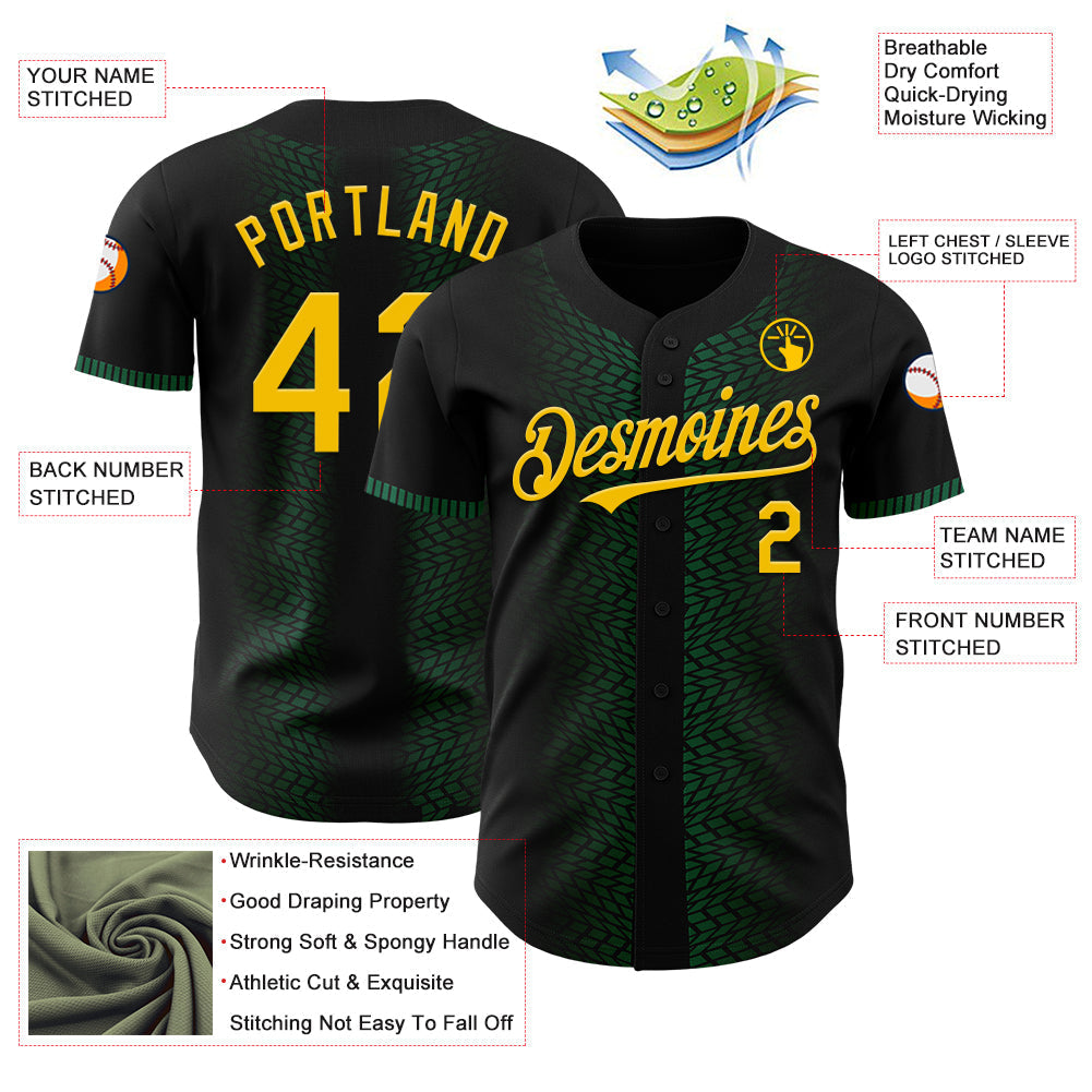 Custom Black Yellow-Kelly Green 3D Pattern Design Geometric Shapes Authentic Baseball Jersey baseball jersey product view 3