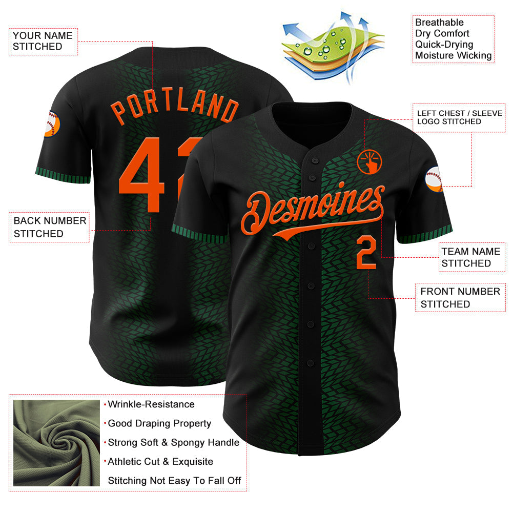 Custom Black Orange-Kelly Green 3D Pattern Design Geometric Shapes Authentic Baseball Jersey baseball jersey product view 3
