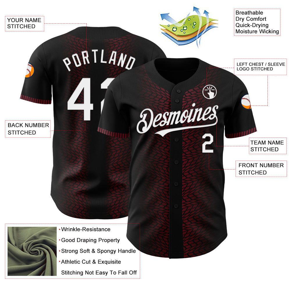 Custom Black White-Burgundy 3D Pattern Design Geometric Shapes Authentic Baseball Jersey baseball jersey product view 3