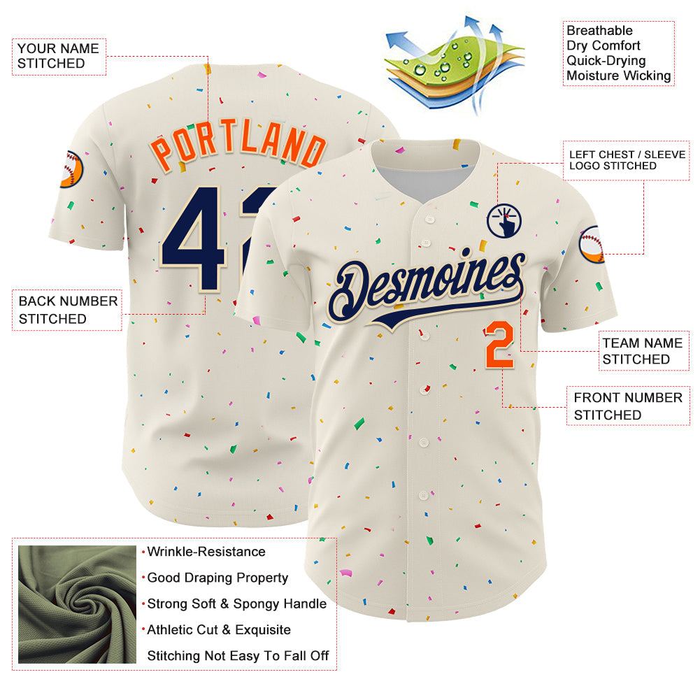 Custom Cream Navy-Orange 3D Pattern Design Confetti Authentic Baseball Jersey baseball jersey product view 3