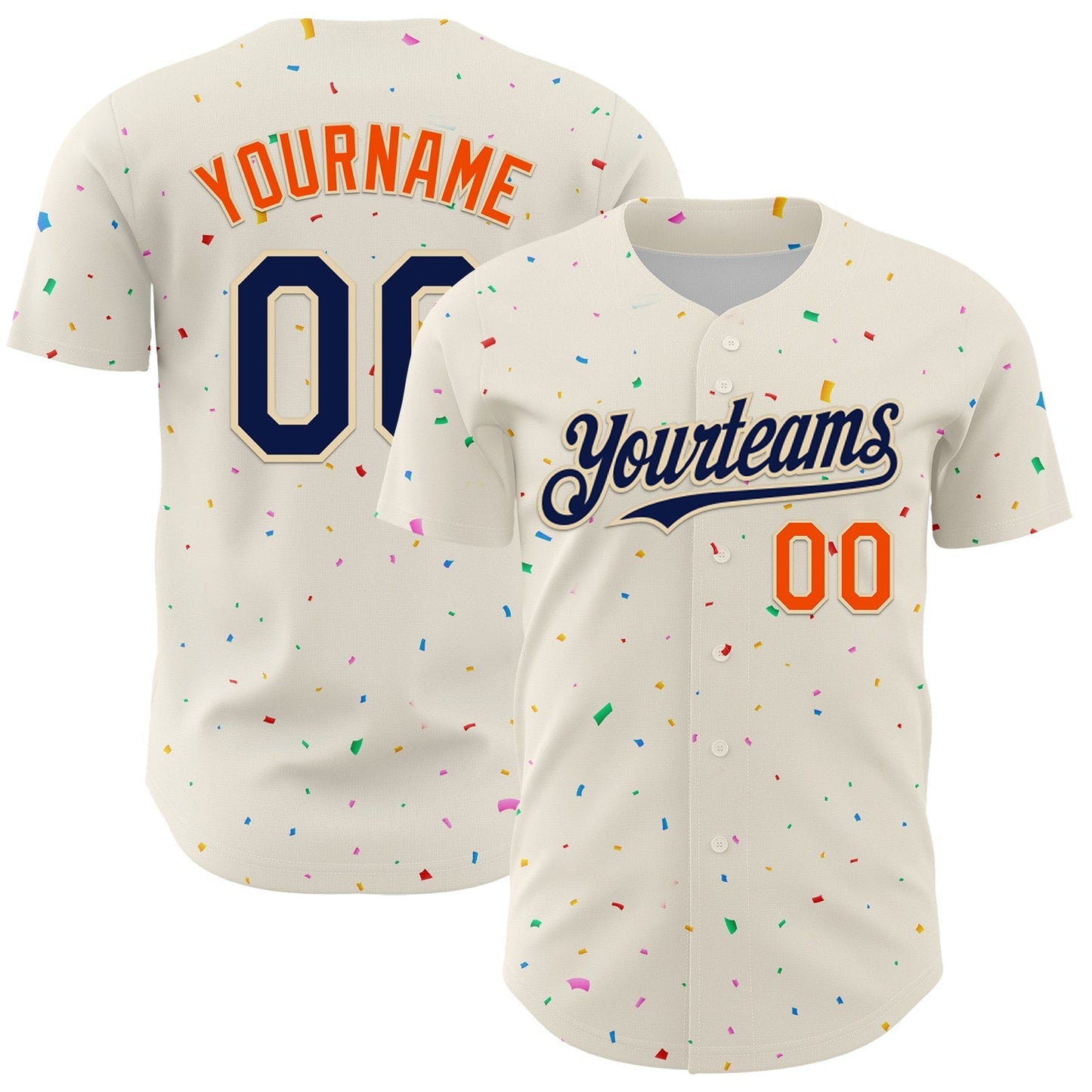 Custom Cream Navy-Orange 3D Pattern Design Confetti Authentic Baseball Jersey baseball jersey product view 1