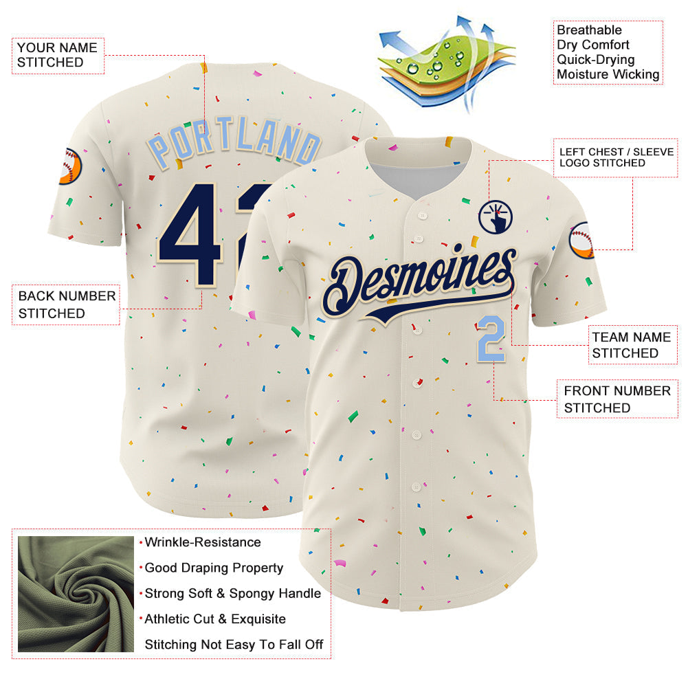 Custom Cream Navy-Light Blue 3D Pattern Design Confetti Authentic Baseball Jersey baseball jersey product view 3