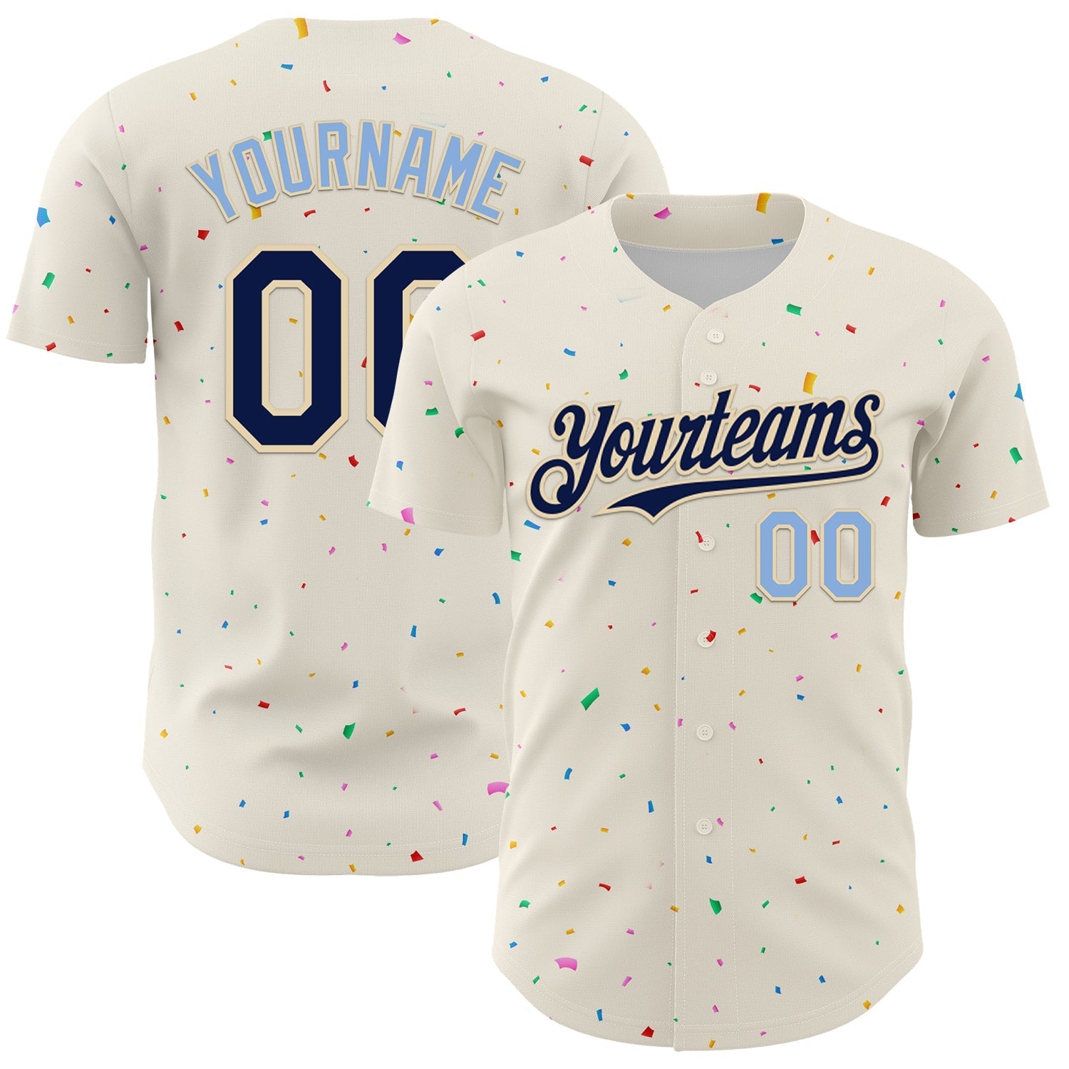 Custom Cream Navy-Light Blue 3D Pattern Design Confetti Authentic Baseball Jersey baseball jersey product view 1