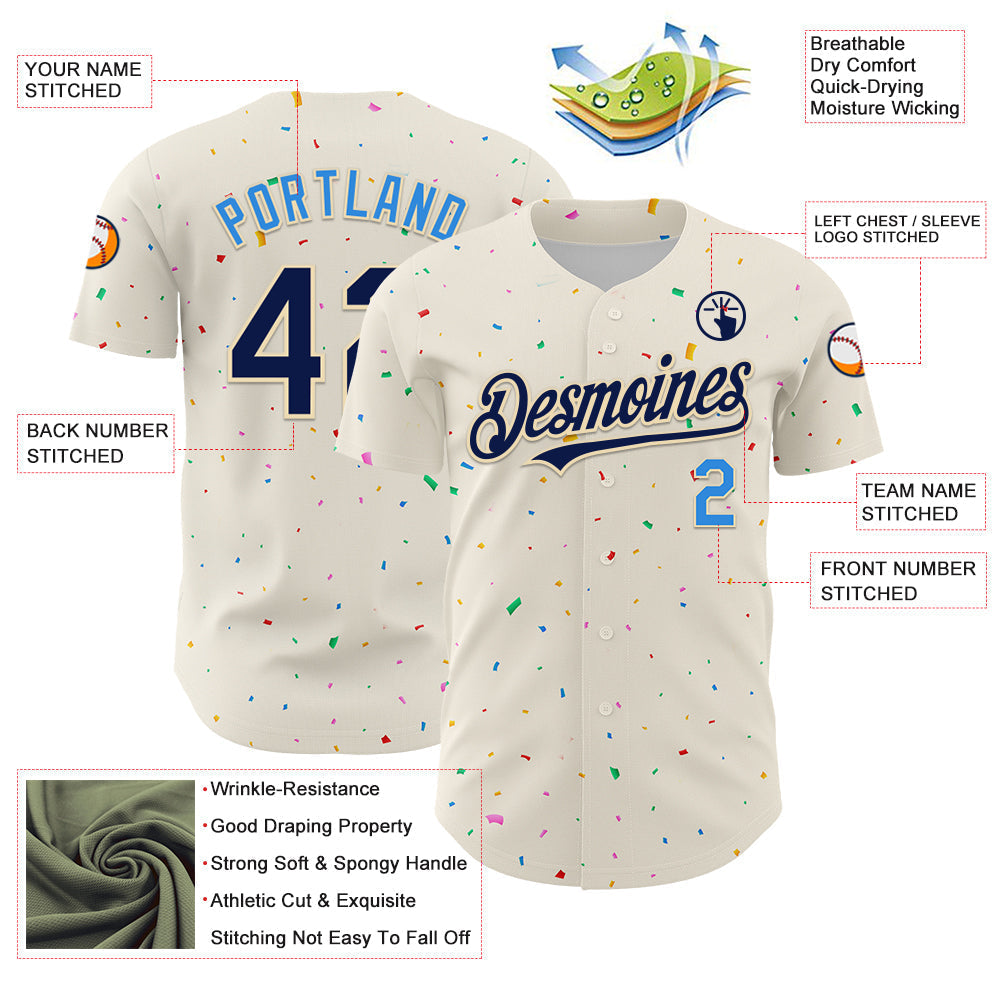 Custom Cream Navy-Electric Blue 3D Pattern Design Confetti Authentic Baseball Jersey baseball jersey product view 3