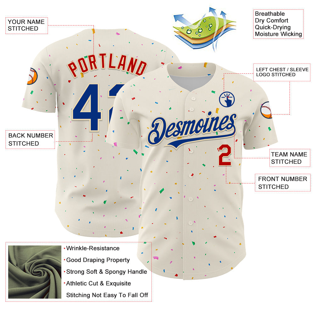 Custom Cream Royal-Red 3D Pattern Design Confetti Authentic Baseball Jersey baseball jersey product view 3