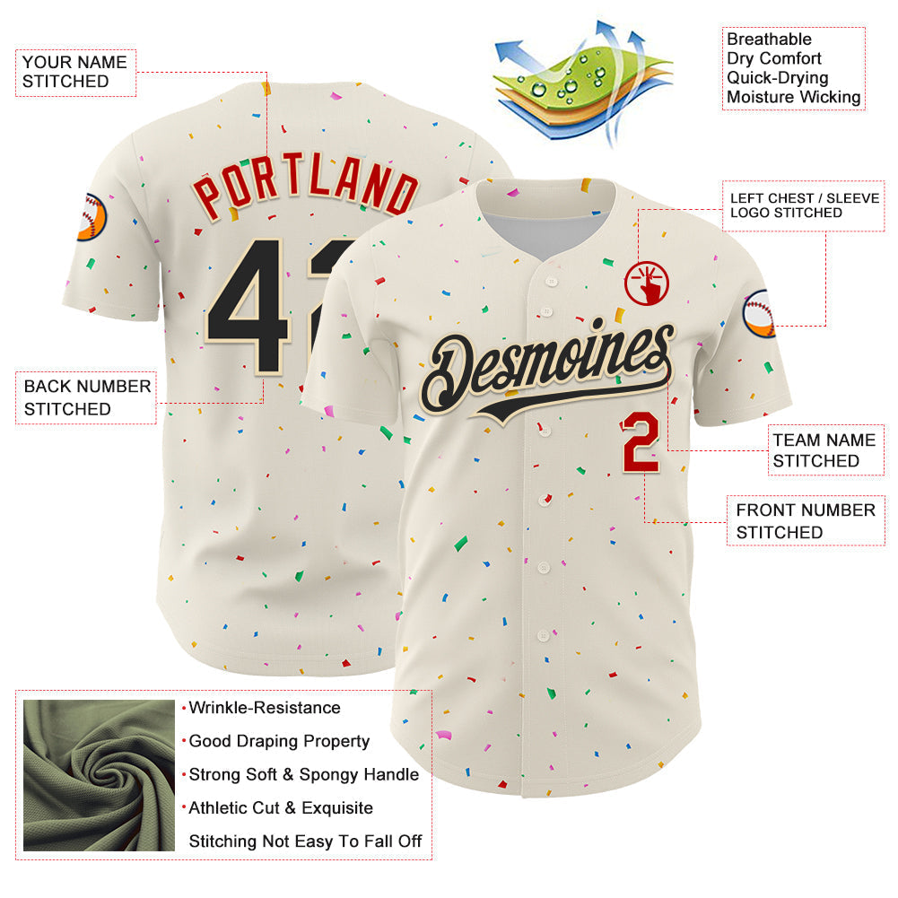Custom Cream Black-Red 3D Pattern Design Confetti Authentic Baseball Jersey baseball jersey product view 3