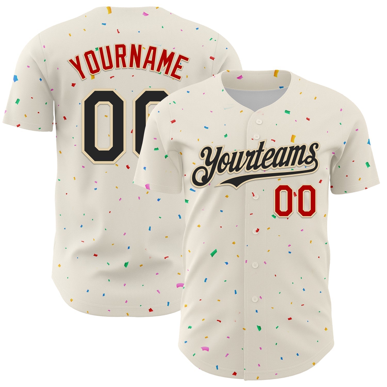 Custom Cream Black-Red 3D Pattern Design Confetti Authentic Baseball Jersey baseball jersey product view 1