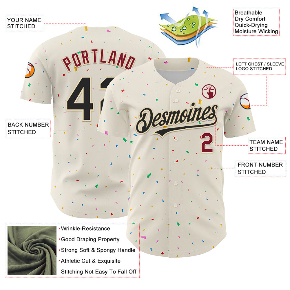 Custom Cream Black-Crimson 3D Pattern Design Confetti Authentic Baseball Jersey baseball jersey product view 3
