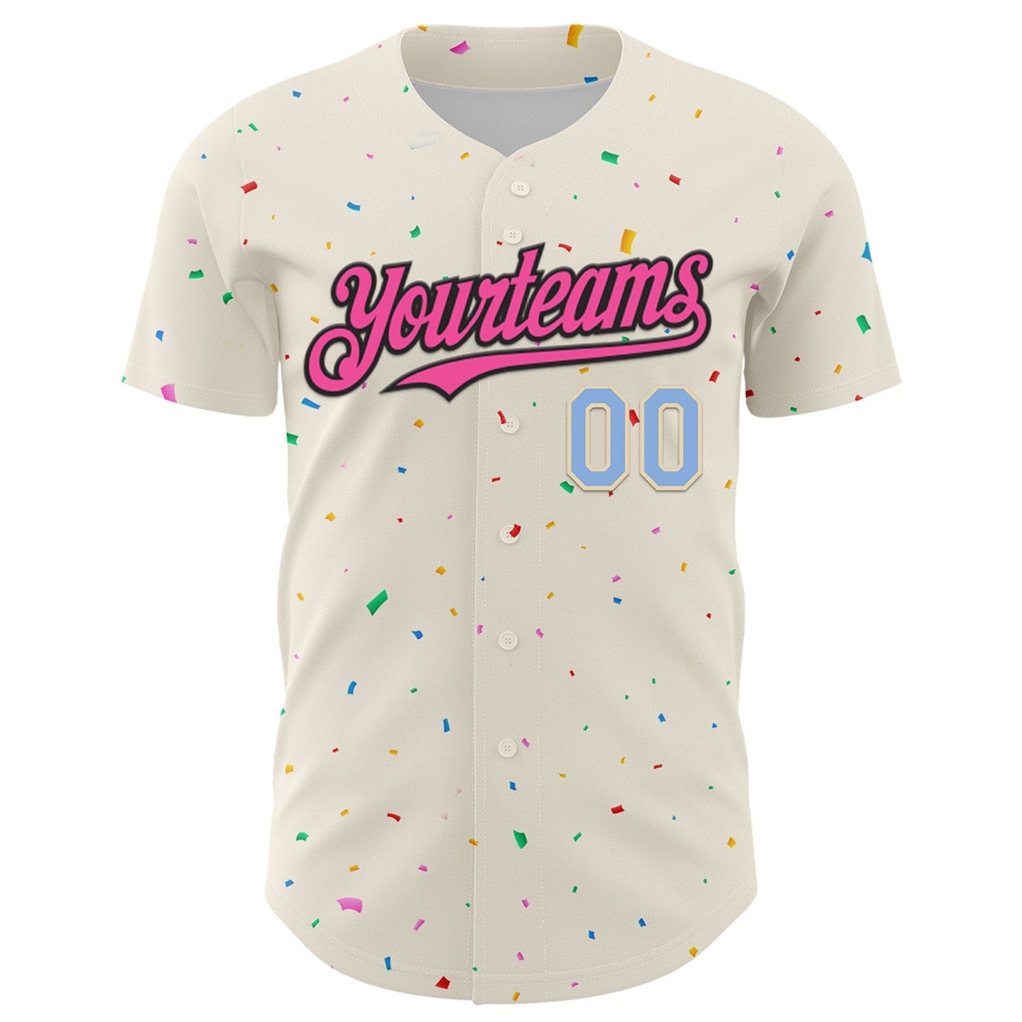 Custom Cream Pink Black-Light Blue 3D Pattern Design Confetti Authentic Baseball Jersey baseball jersey product view 2