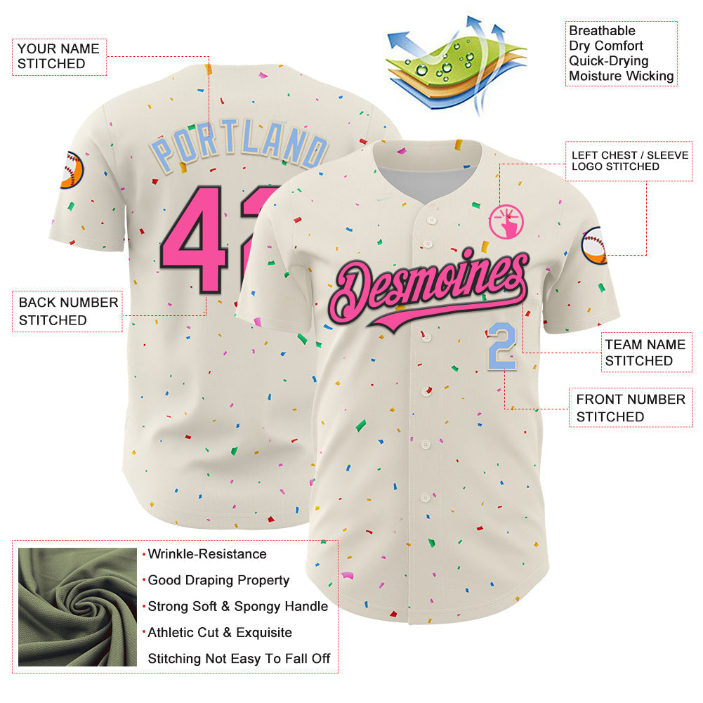 Custom Cream Pink Black-Light Blue 3D Pattern Design Confetti Authentic Baseball Jersey baseball jersey product view 3