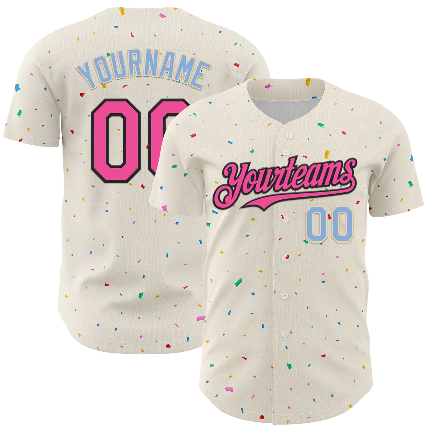 Custom Cream Pink Black-Light Blue 3D Pattern Design Confetti Authentic Baseball Jersey baseball jersey product view 1