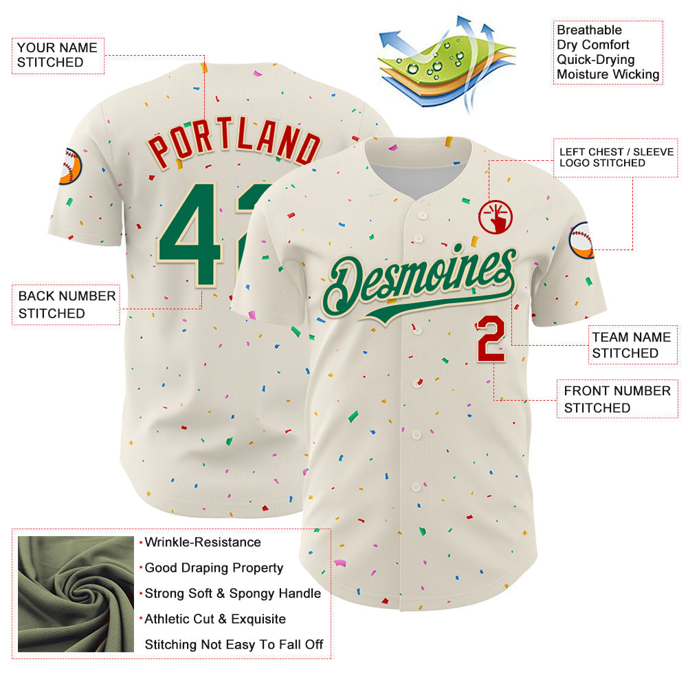 Custom Cream Kelly Green-Red 3D Pattern Design Confetti Authentic Baseball Jersey baseball jersey product view 3