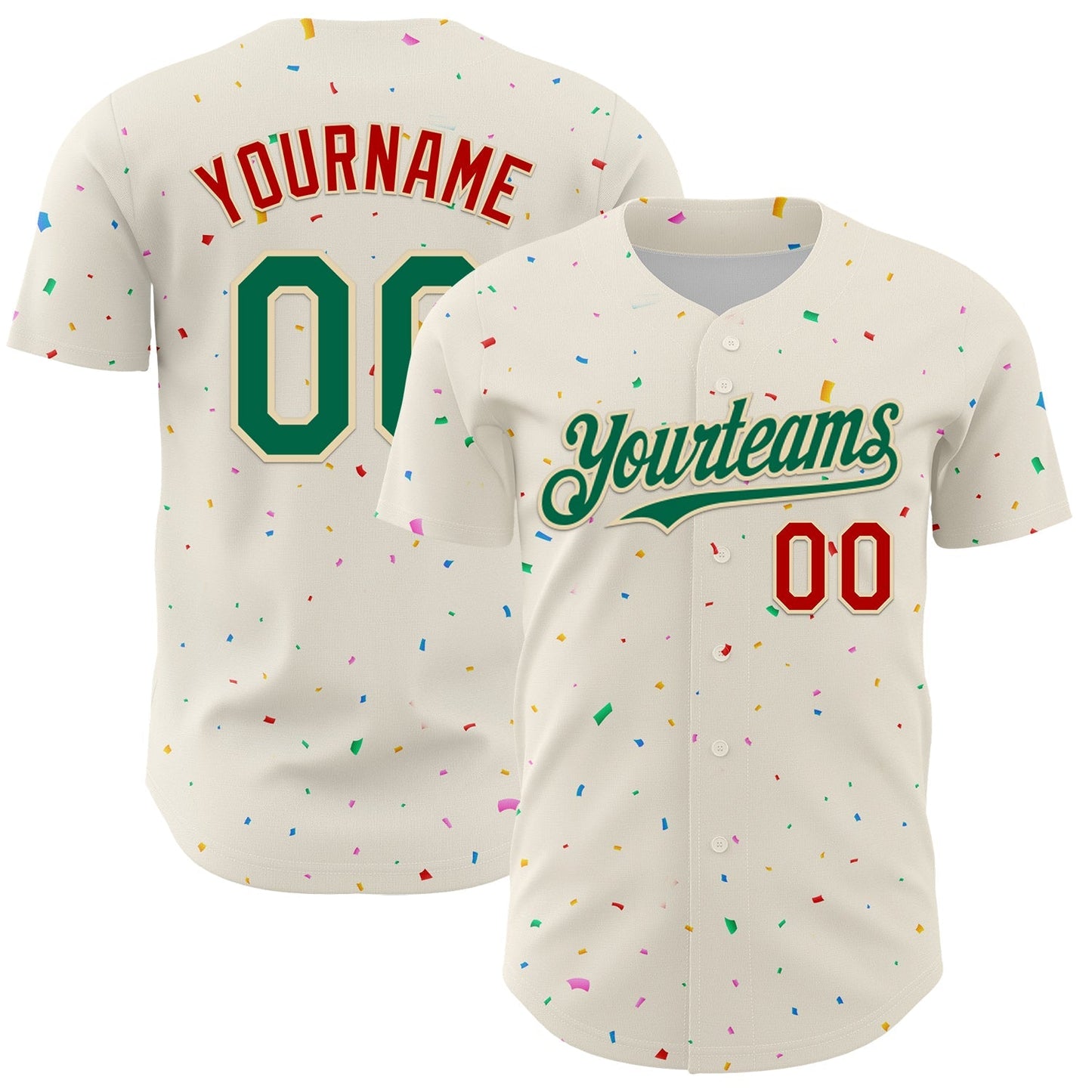Custom Cream Kelly Green-Red 3D Pattern Design Confetti Authentic Baseball Jersey baseball jersey product view 1
