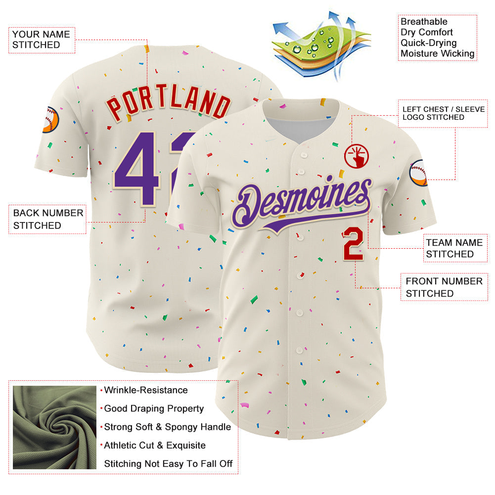 Custom Cream Purple-Red 3D Pattern Design Confetti Authentic Baseball Jersey baseball jersey product view 3