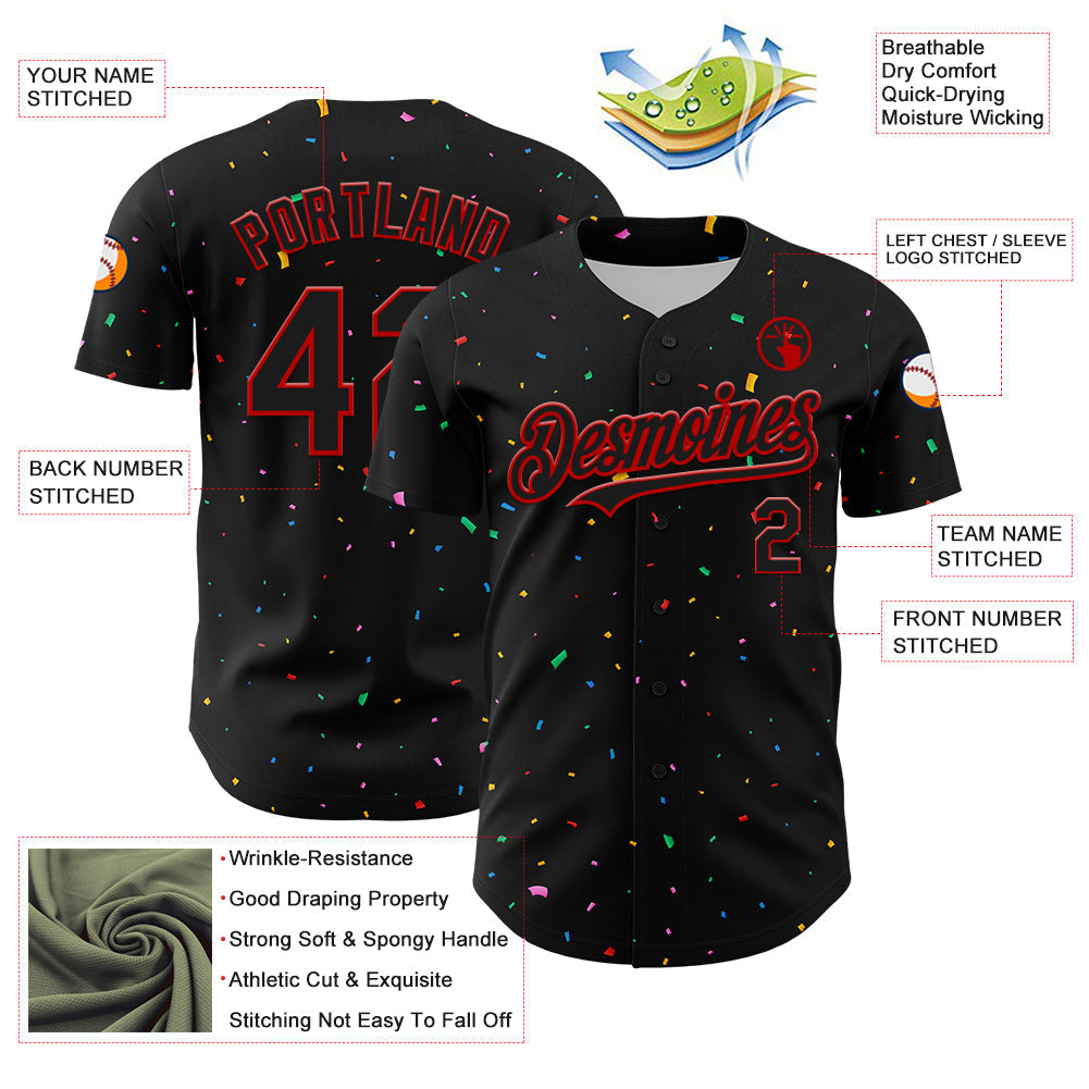 Custom Black Red 3D Pattern Design Confetti Authentic Baseball Jersey baseball jersey product view 3